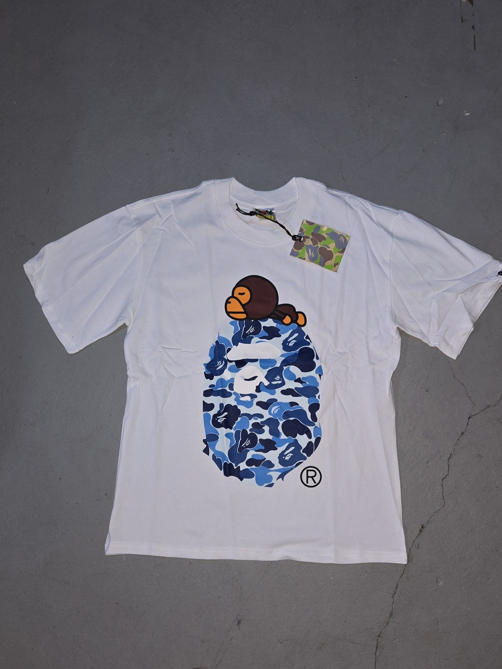 Bape White Tee with Blue Camo Ape Graphic